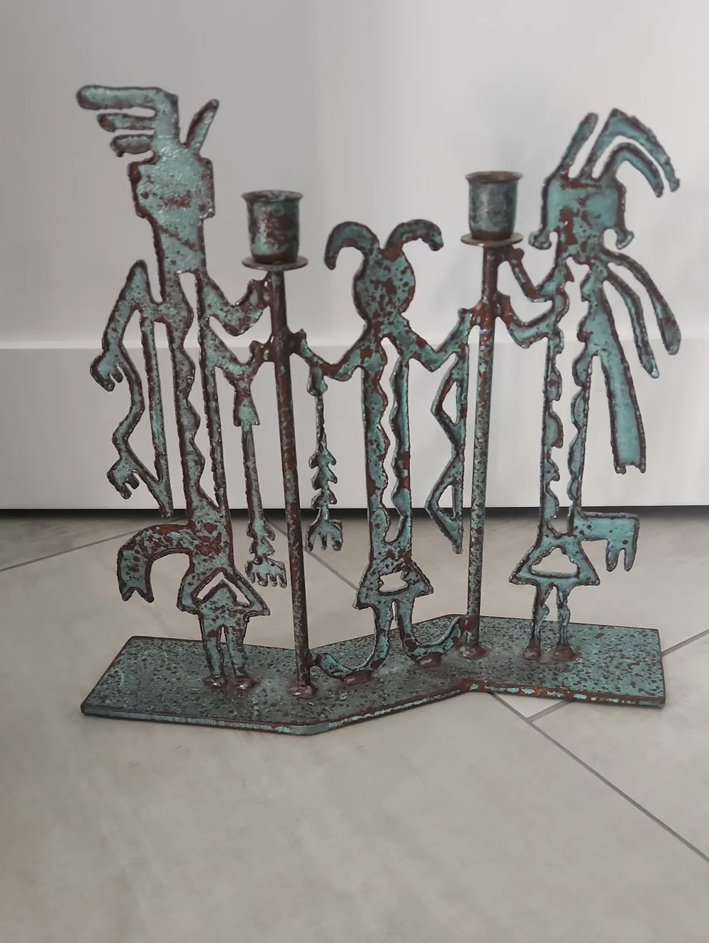 Vintage Kokopelli Iron Verdigris Double Candle Holder Native American Southwest